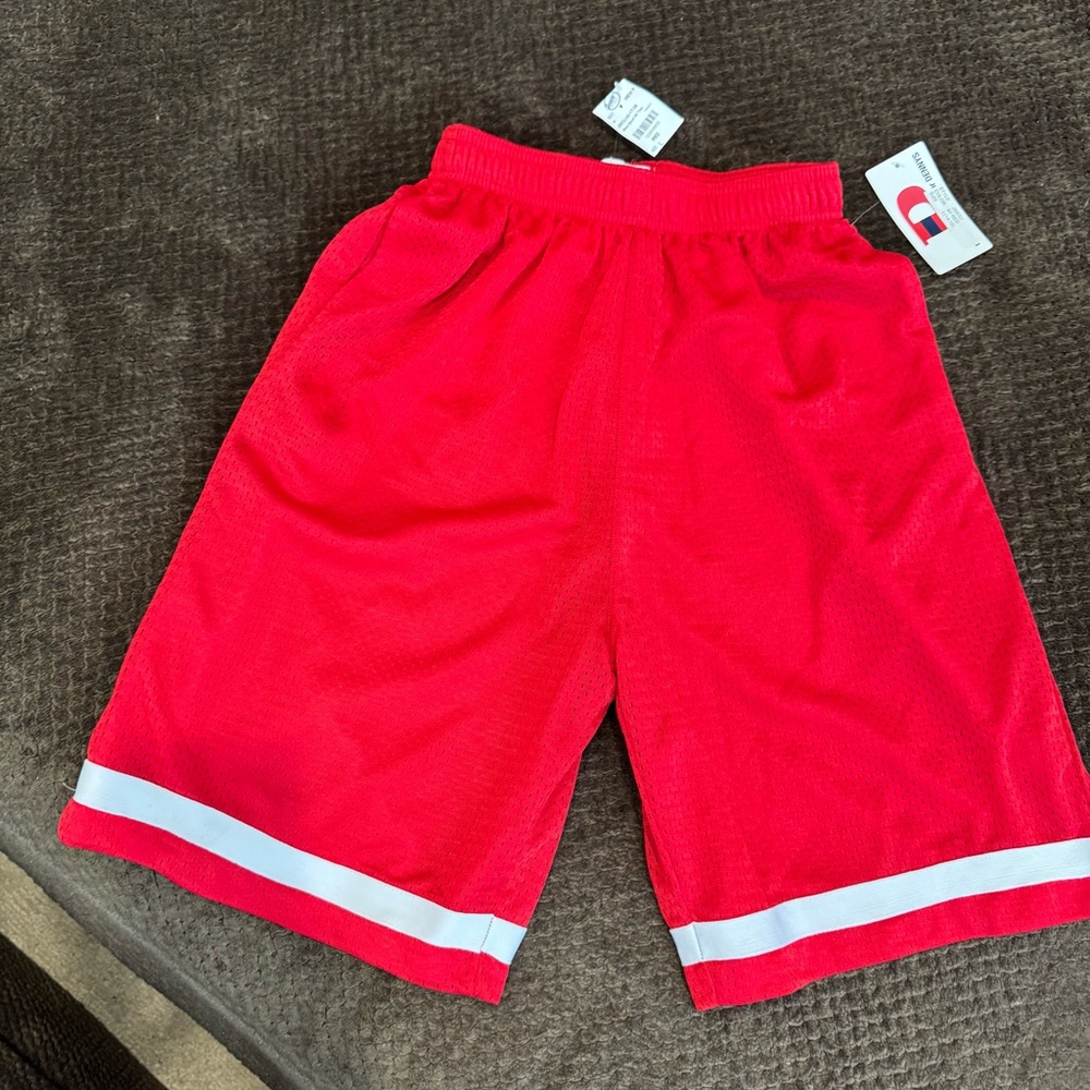 Denny’s Boys Red Athletic Mesh Shorts with White Hem Stripe